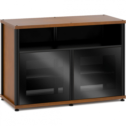 Synergy 329 Double Width 44" AV Cabinet TV Stand in Cherry, Glass Doors & Black Frame