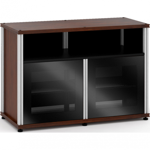 Synergy 329 Double Width 44" AV Cabinet TV Stand in Walnut, Glass Doors & Aluminum Frame