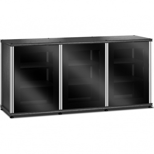 Synergy 337 Triple Width 65" AV Cabinet TV Stand in Black Oak, Glass Doors & Aluminum Frame