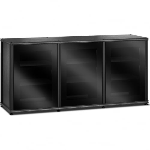 Synergy 337 Triple Width 65" AV Cabinet TV Stand in Black Oak, Glass Doors & Black Frame