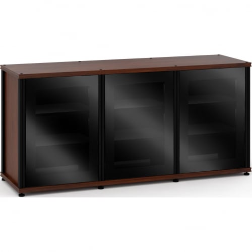 Synergy 337 Triple Width 65" AV Cabinet TV Stand in Walnut, Glass Doors & Black Frame