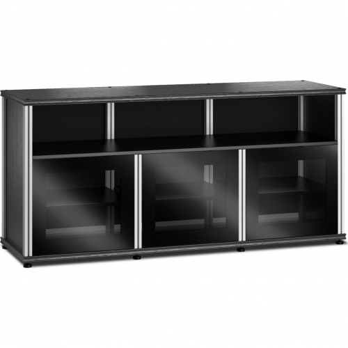 Synergy 339 Triple Width 65" AV Cabinet TV Stand in Black Oak, Glass Doors & Aluminum Frame