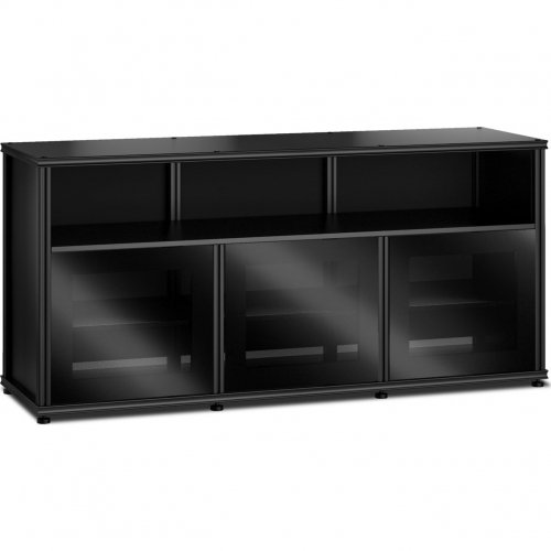 Synergy 339 Triple Width 65" AV Cabinet TV Stand in Black Oak, Glass Doors & Black Frame