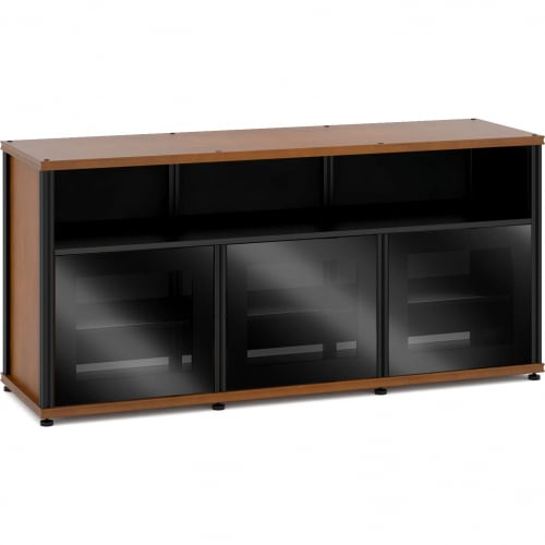 Synergy 339 Triple Width 65" AV Cabinet TV Stand in Cherry, Glass Doors & Black Frame