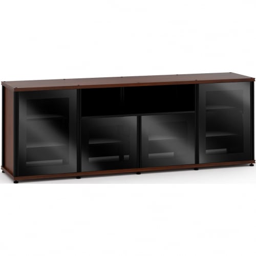 Synergy 345 Quad Width 87" AV Cabinet TV Stand in Walnut, Glass Doors & Black Frame