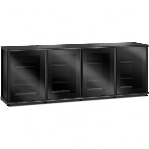 Synergy 347 Quad Width 87" AV Cabinet TV Stand in Black Oak, Glass Doors & Black Frame