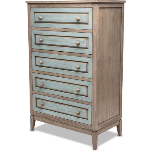 Sanibel 5 Drawer Chest in Distressed Green & Grey Finish Wood