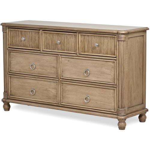 Malibu 7 Drawer Dresser in Natural Wood & Wicker