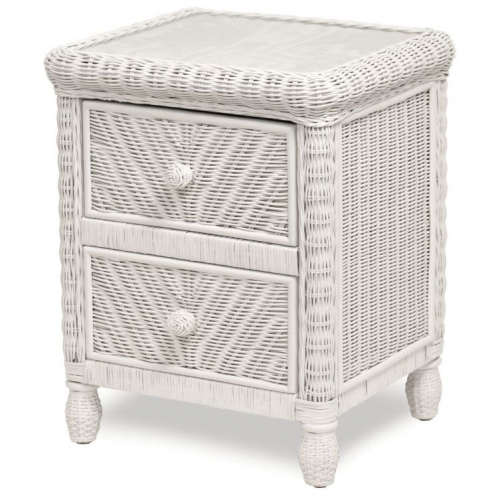 Santa Cruz 2 Drawer Nightstand in White Wicker with Glass Top