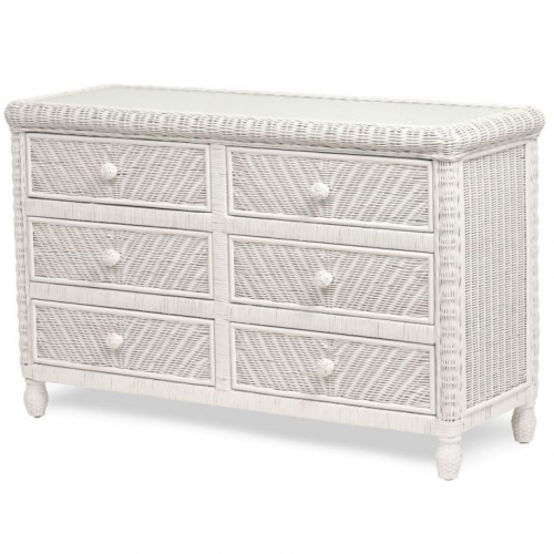 Santa Cruz 6 Drawer Dresser in White Wicker w/ Glass Top