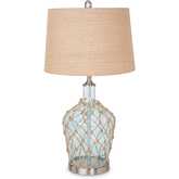 Cast 28"H Table Lamp in Blue & Clear Bubble Glass, Rope & Linen (Set of 2)