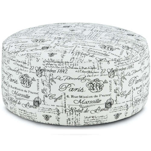 39" Round Cocktail Ottoman in Francaise Ebony & White Script Fabric