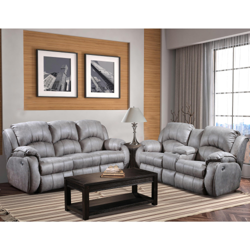 Cagney Power Headrest Double Reclining Sofa & Console Loveseat in Nickel Grey Duralux Vegan Leather