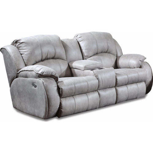 Cagney Power Headrest Double Reclining Console Loveseat in Nickel Grey Duralux Vegan Leather