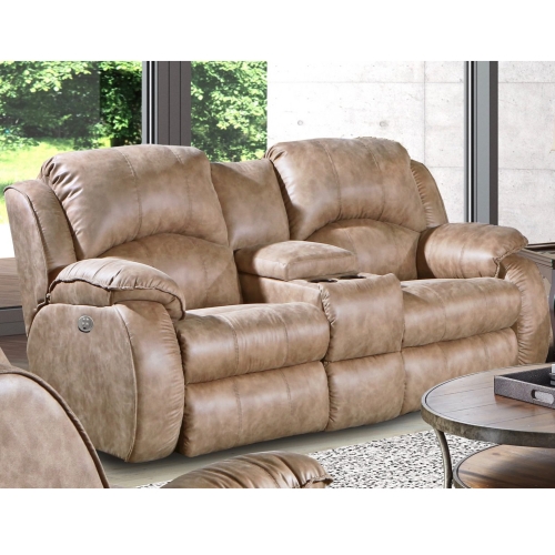 Cagney Power Headrest Double Reclining Console Loveseat in Brown Fabric