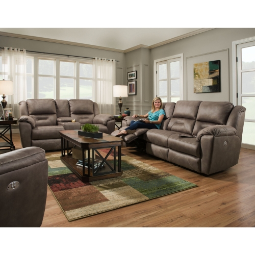 Pandora Power Headrest Double Reclining Sofa & Loveseat in Latte Velvet Microfiber