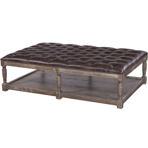 Thomas Rect Ottoman in Tufted Valencia Brown Leather & Dark Oak