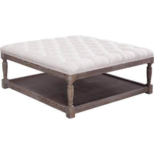 Thomas Square Ottoman in Tufted Classic Linen & Dark Washed Oak