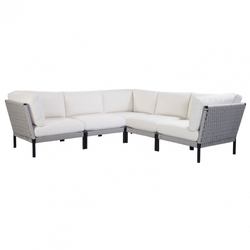 Calabasas Outdoor 5 Piece Sectional Sofa in Solid Ivory Fabric & Gray PU Wicker