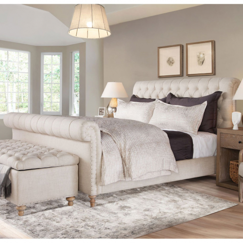 Finn King Sleigh Style Bed in Tufted Classic Linen Fabric & Washed Oak