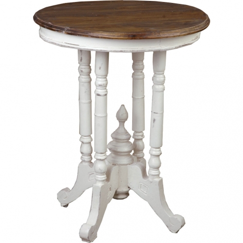 Cottage Round End Table in Distressed White & Raftwood Brown