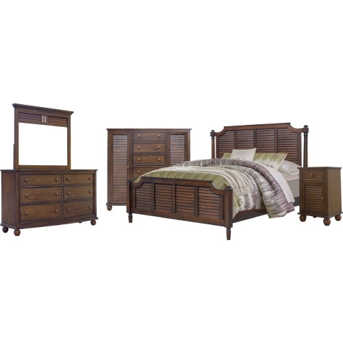 Bahama Shutter 5 Piece Queen Bedroom Set in Tropical Walnut Brown Wood