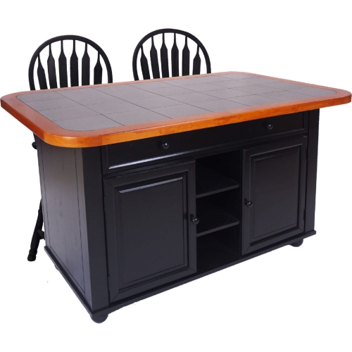 Black Cherry 3 Piece Antique Black Kitchen Island Set w/ Gray Tile Top