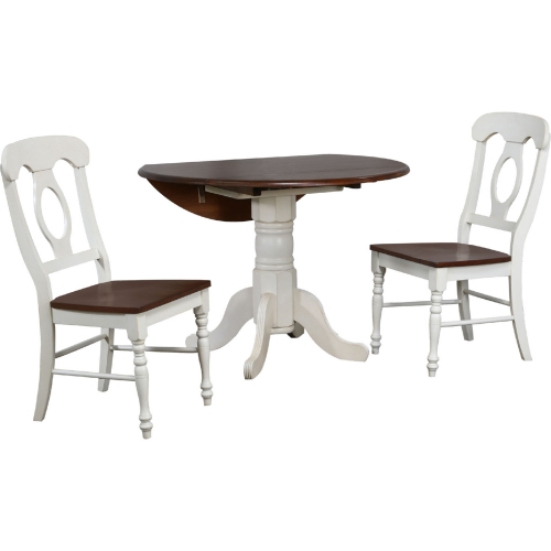 Andrews 3 Piece 42" Round Drop Leaf Dining Set in Antique White & Brown