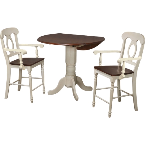 Andrews 3 Piece 42" Round Drop Leaf Pub Table Set in Antique White & Brown