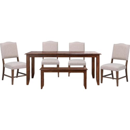 Simply Brook 6 Piece 72" Extension Dining Set in Distressed Brown Wood & Beige Gray Fabric