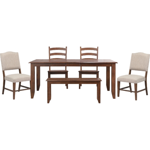 Simply Brook 6 Piece 72" Extension Dining Set in Distressed Brown Wood & Beige Gray Fabric