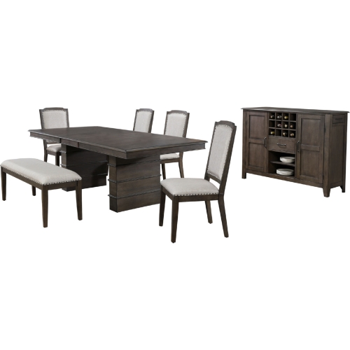 Cali 7 Piece Extension Dining Set w/ Server in Wood & Gray Fabric