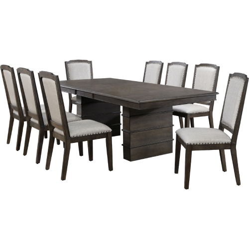 Cali 9 Piece Extension Dining Set in Wood & Gray Fabric