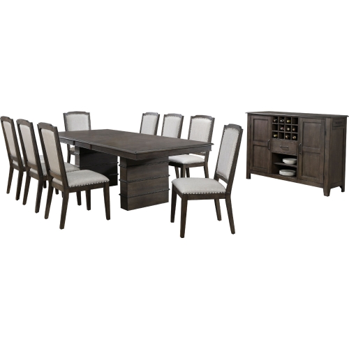 Cali 10 Piece Extension Dining Set w/ Server in Wood & Gray Fabric