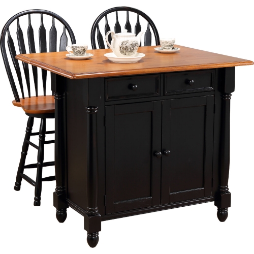 Selections Extension Kitchen Island & 2 Stool Set in Distressed Black & Cherry