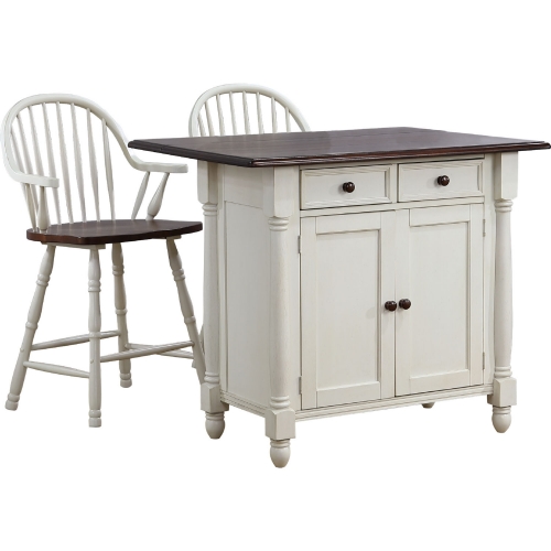 Andrews Extension Kitchen Island & Counter Stools Set in Antique White & Brown