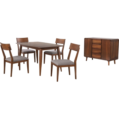 Mid Century 6 Piece Dining Set in Walnut Finish & Gray Fabric