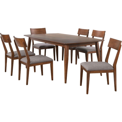 Mid Century 7 Piece Dining Set in Walnut Finish & Gray Fabric