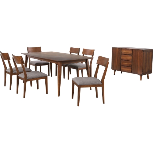 Mid Century 8 Piece Dining Set in Walnut Finish & Gray Fabric