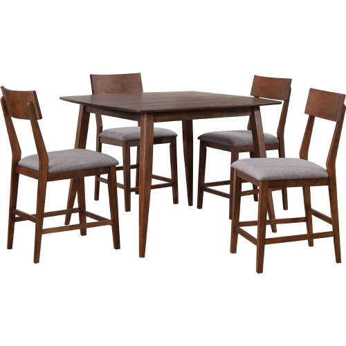 Mid Century 5 Piece Square Counter Dining Set in Walnut Finish & Gray Fabric