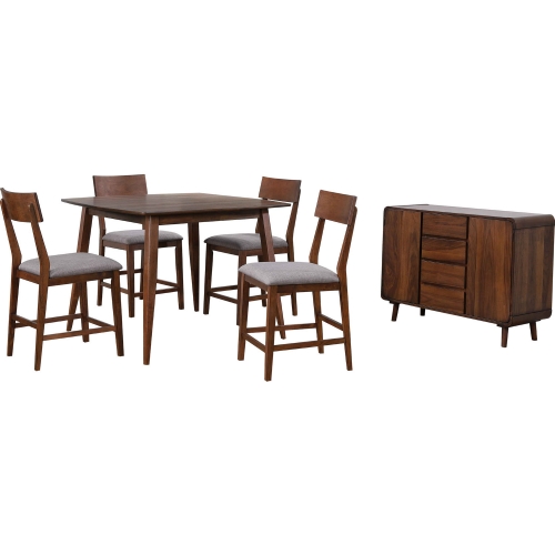 Mid Century 6 Piece Square Counter Dining Set in Walnut Finish & Gray Fabric