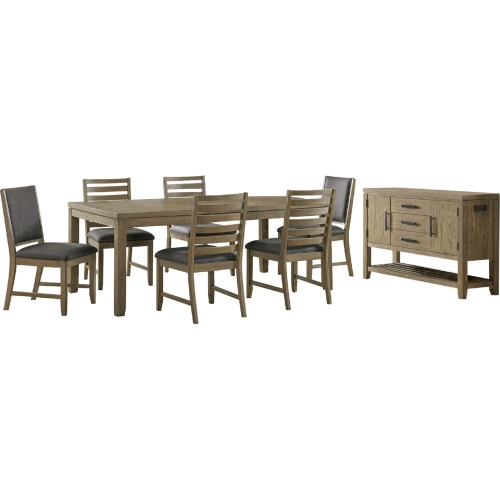 Saunders 8 Piece Extension Dining Set w/ Server in Distressed Acacia Wood & Gray Fabric