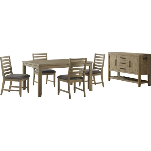 Saunders 6 Piece Extension Dining Set w/ Server in Distressed Acacia Wood & Gray Fabric