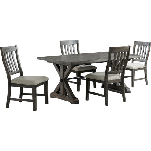 Trestle 5 Piece Dining Set in Distressed Gray Wood & Fabric