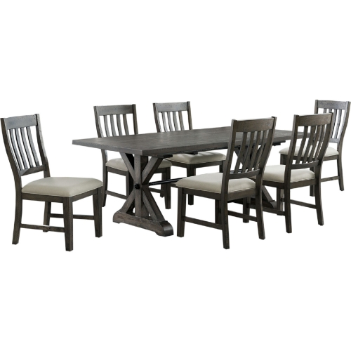 Trestle 7 Piece Dining Set in Distressed Gray Wood & Fabric