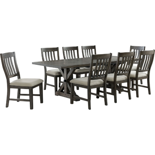 Trestle 9 Piece Dining Set in Distressed Gray Wood & Fabric