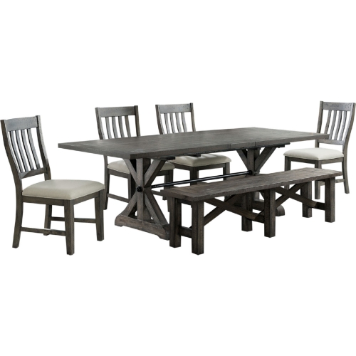 Trestle 6 Piece Dining Set in Distressed Gray Wood & Fabric