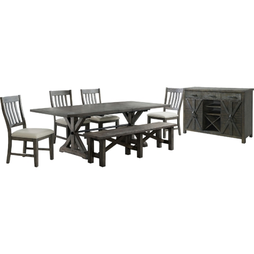 Trestle 7 Piece Dining Set in Distressed Gray Wood & Fabric