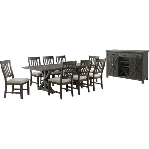 Trestle 10 Piece Dining Set in Distressed Gray Wood & Fabric