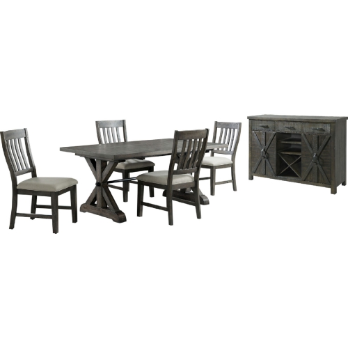 Trestle 6 Piece Dining Set in Distressed Gray Wood & Fabric